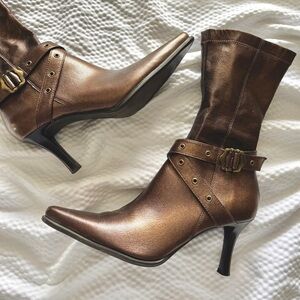 Y2K Franco Sarto Bronze Grommet Pointy Kitten Heel Boots